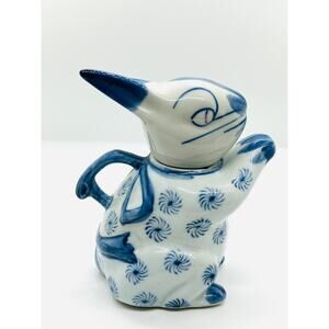 Hand Painted Blue & White Ceramic Cat Teapot Folk Art Whimsical Kitchen Decor
